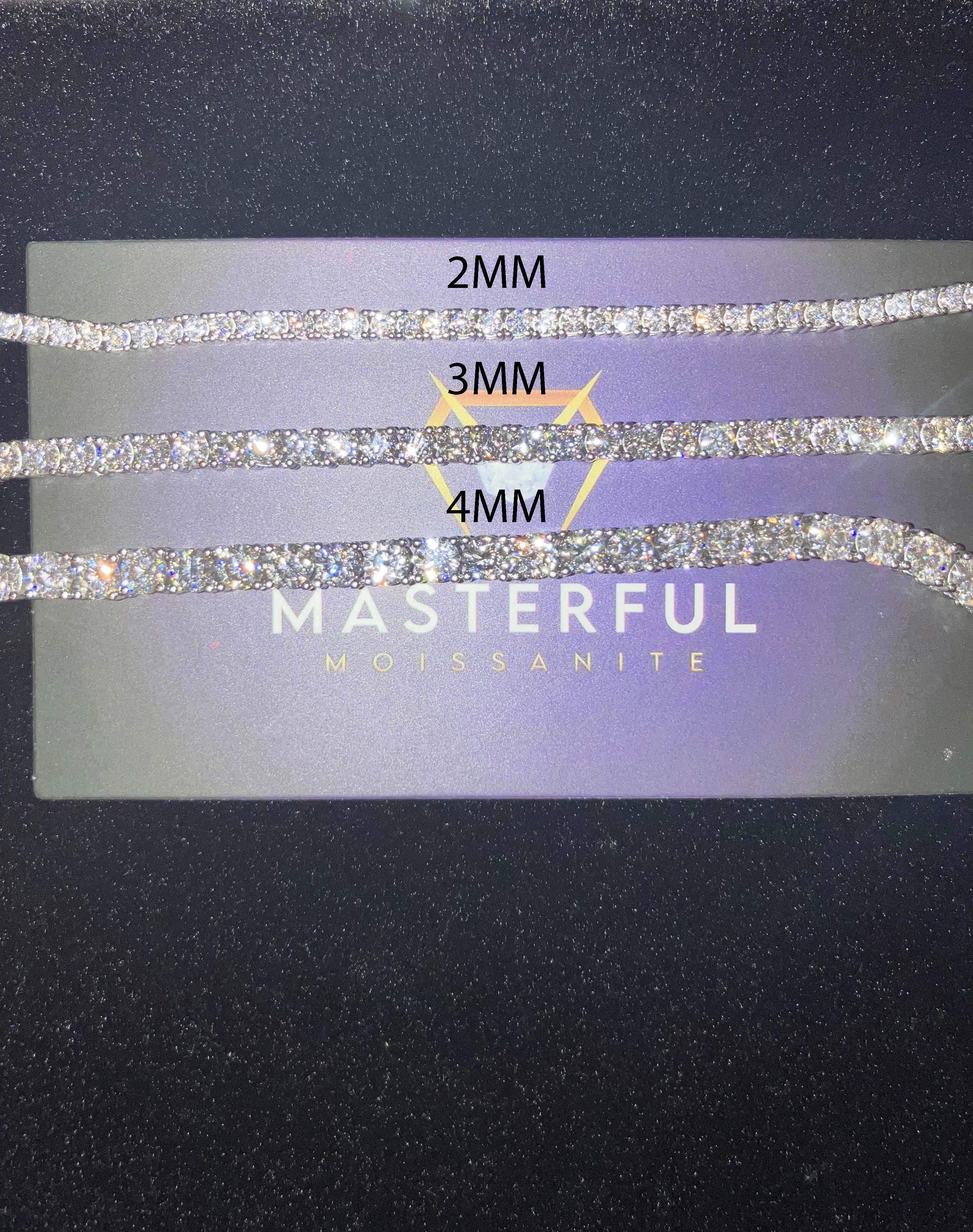 Display card with 'Masterful' moissanite strands of different widths on a dark background.