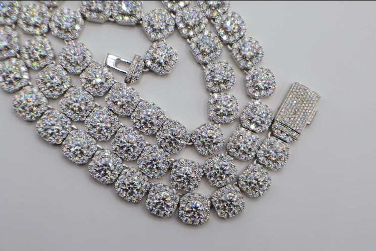 925 Silver Halo Moissanite Tennis Chain 10mm 20” 22”