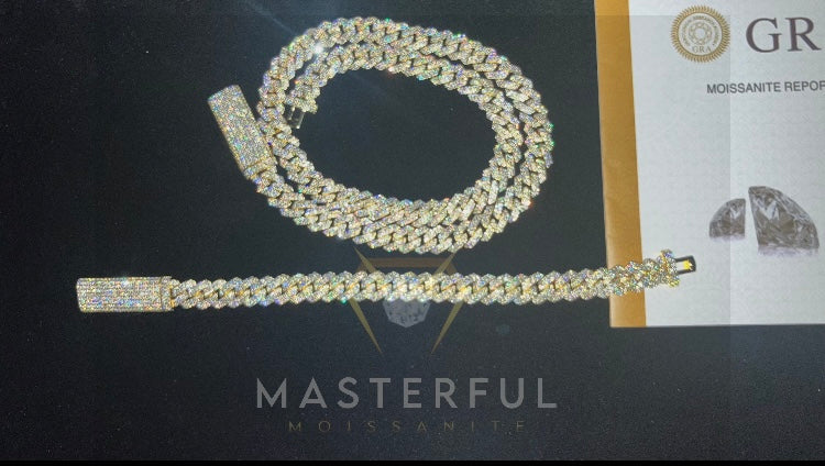 Moissanite Cuban Link Chain Bracelet Set 10mm in 925 Silver with GRA Certificate