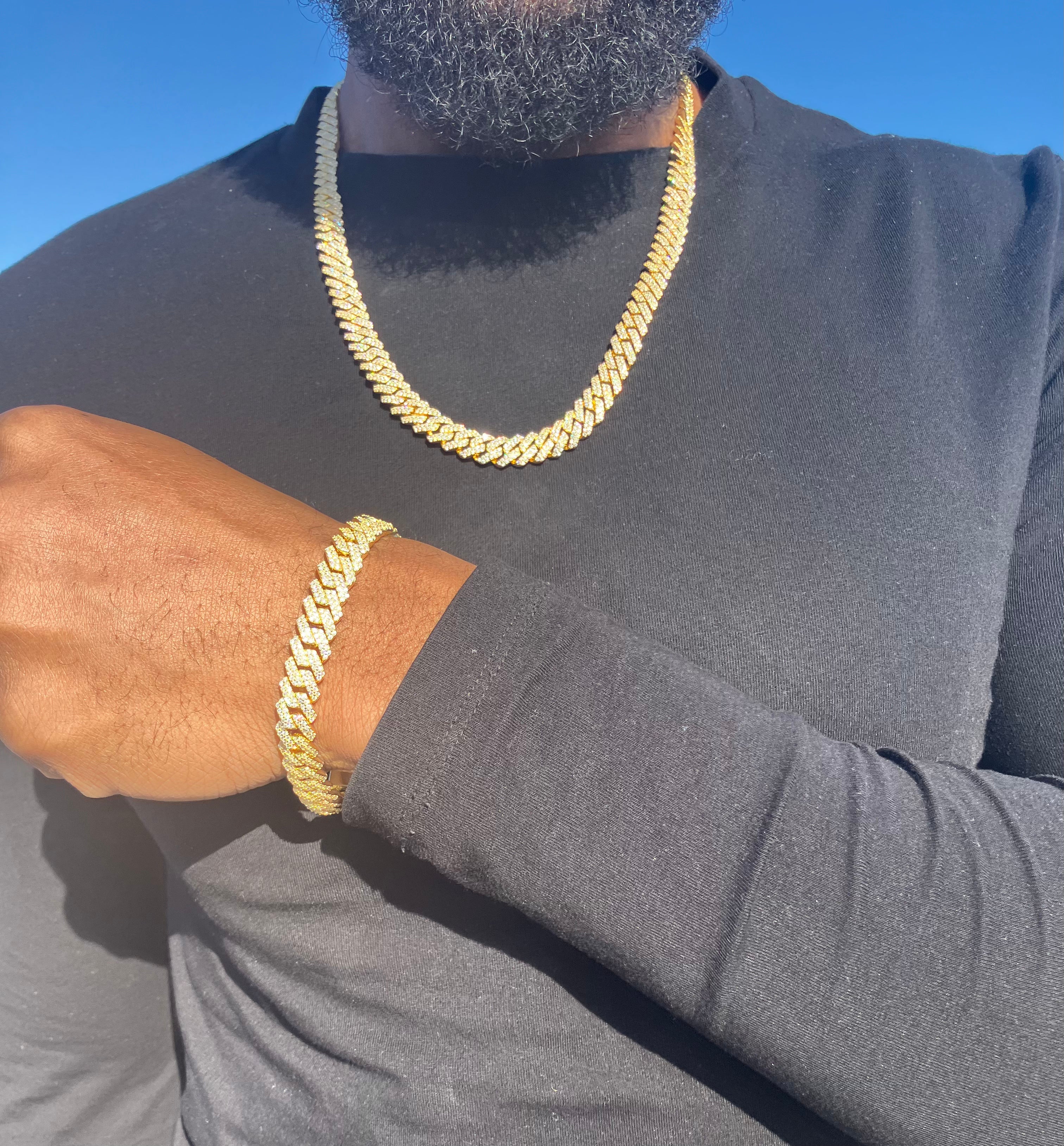 VVS+ GRA Certified Yellow Gold Moissanite Cuban Link Chain Bracelet Set 925 Silver 10mm 18"-24"